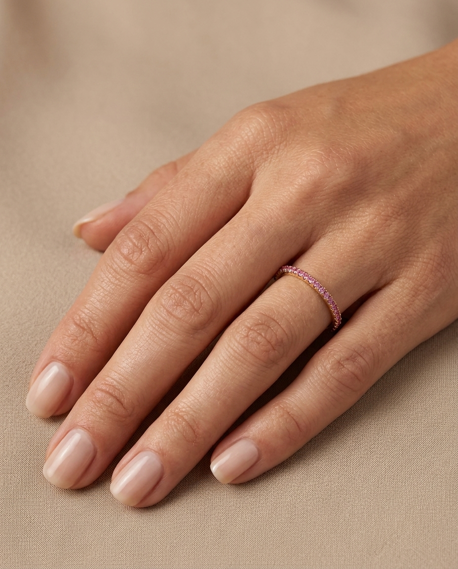 14KT Gold Full Eternity Pink Sapphire Thin Ring Band on model