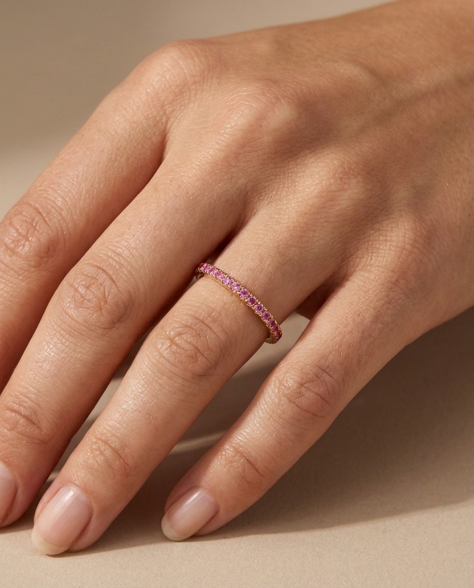 14KT Gold Full Eternity Pink Sapphire Thin Ring Band view 2