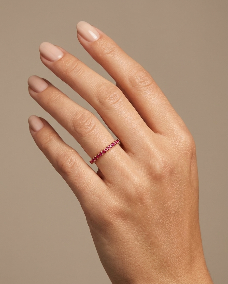 14KT Gold Full Eternity Ruby Thin Ring Band on model