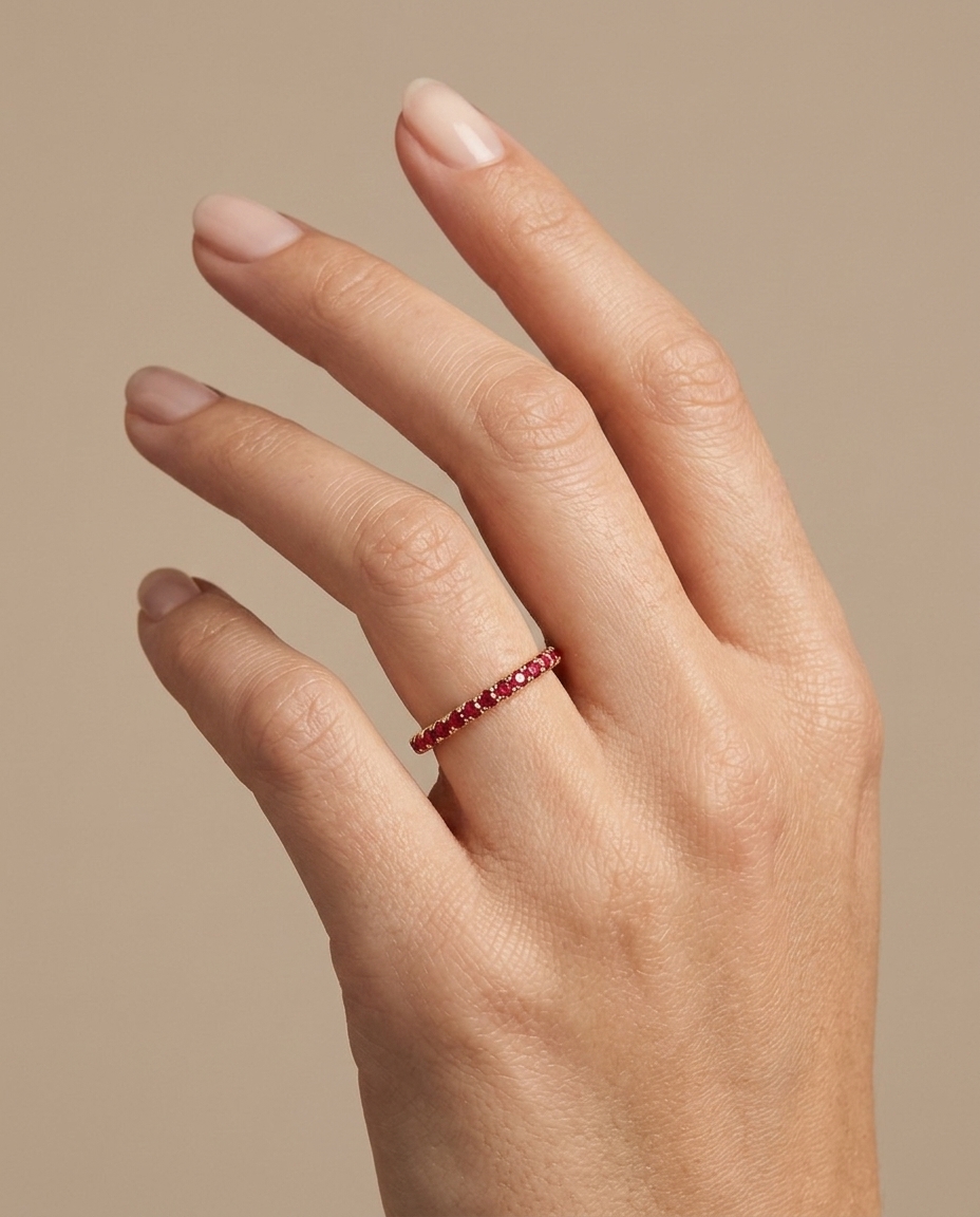 14KT Gold Full Eternity Ruby Thin Ring Band on model