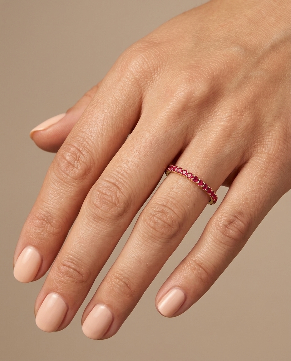 14KT Gold Full Eternity Ruby Thin Ring Band on model