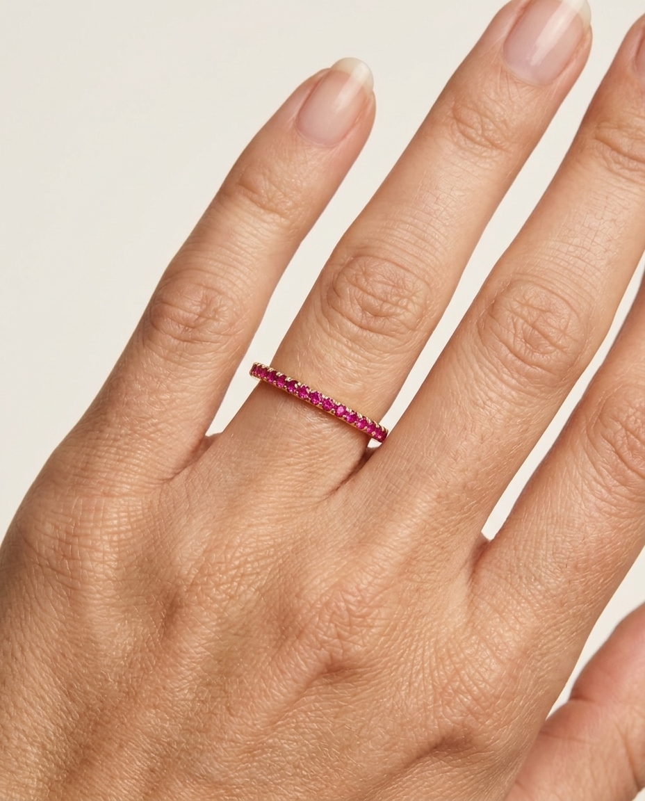 14KT Gold Full Eternity Ruby Thin Ring Band on model