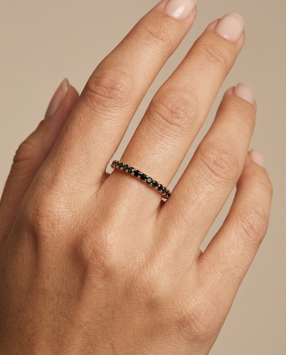 14KT Gold Full Eternity Black Diamond Thin Ring Band view 2