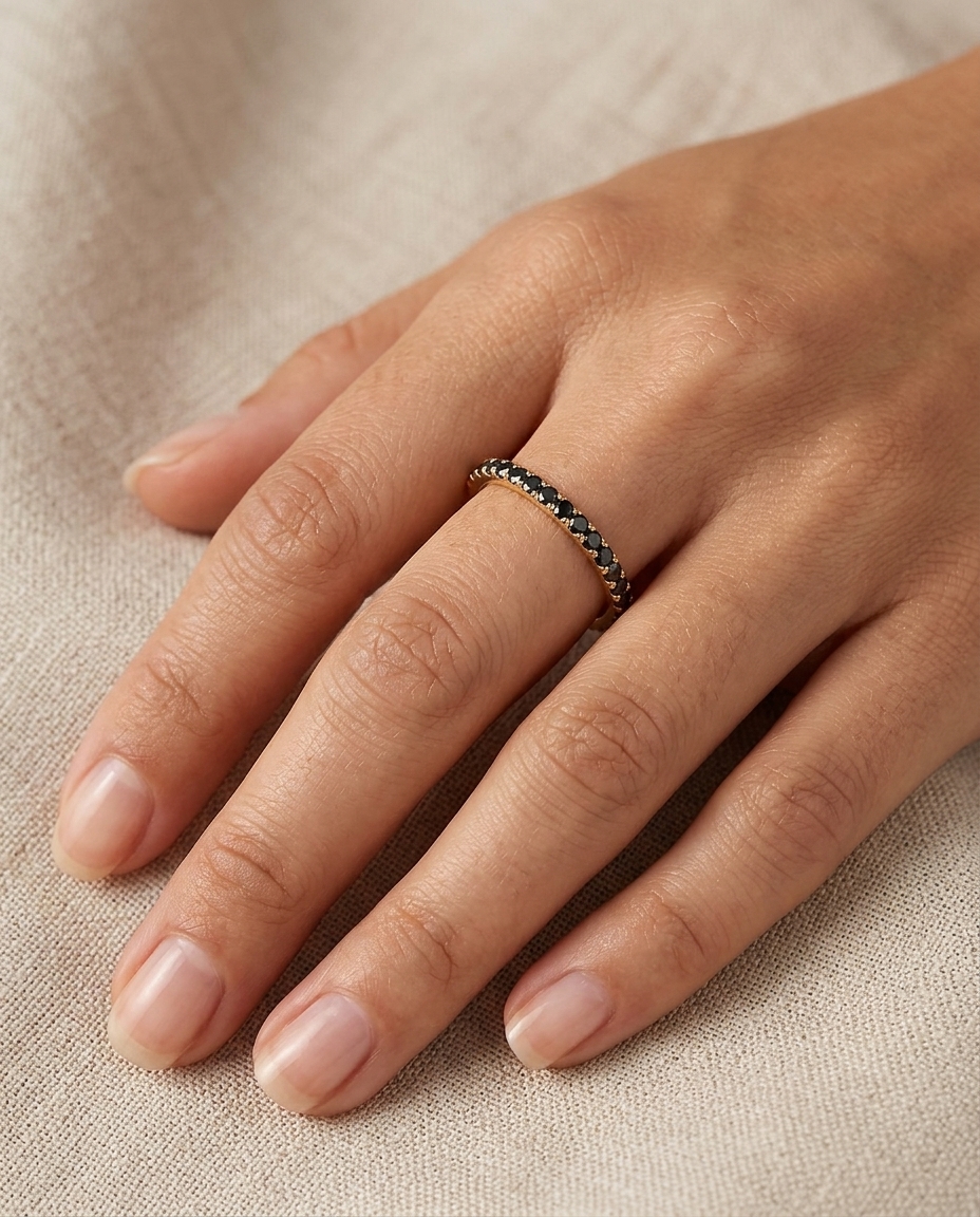 14KT Gold Full Eternity Black Diamond Thin Ring Band on model