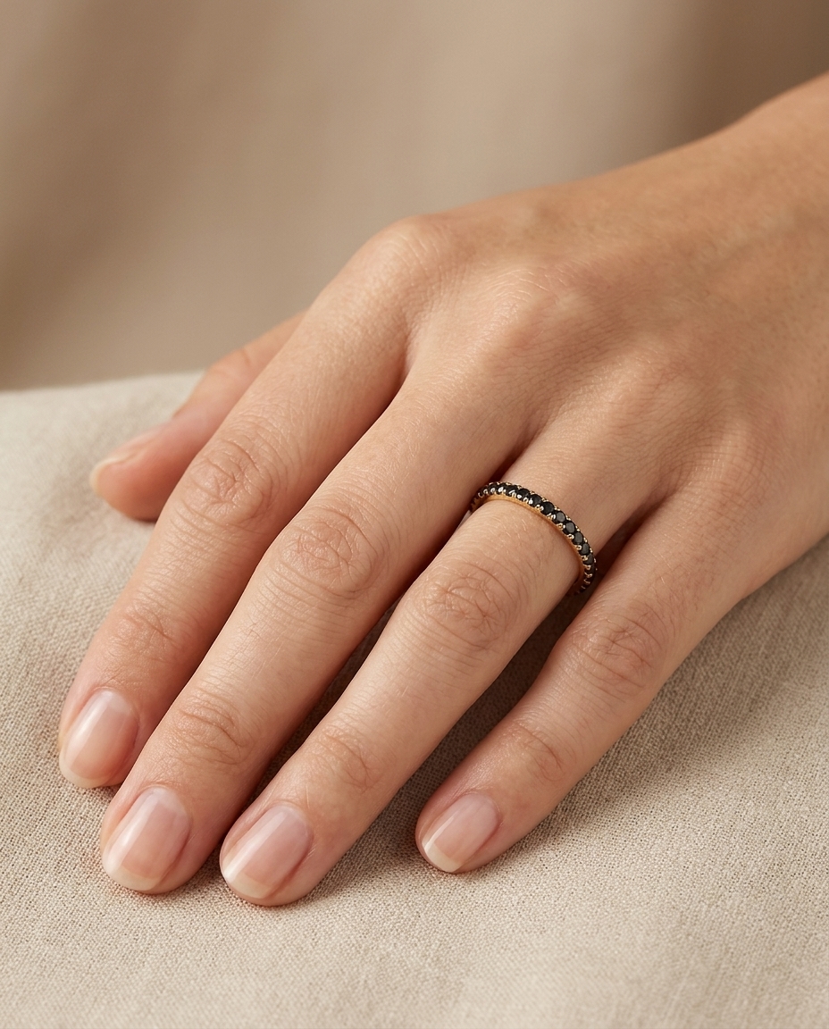 14KT Gold Full Eternity Black Diamond Thin Ring Band view 2