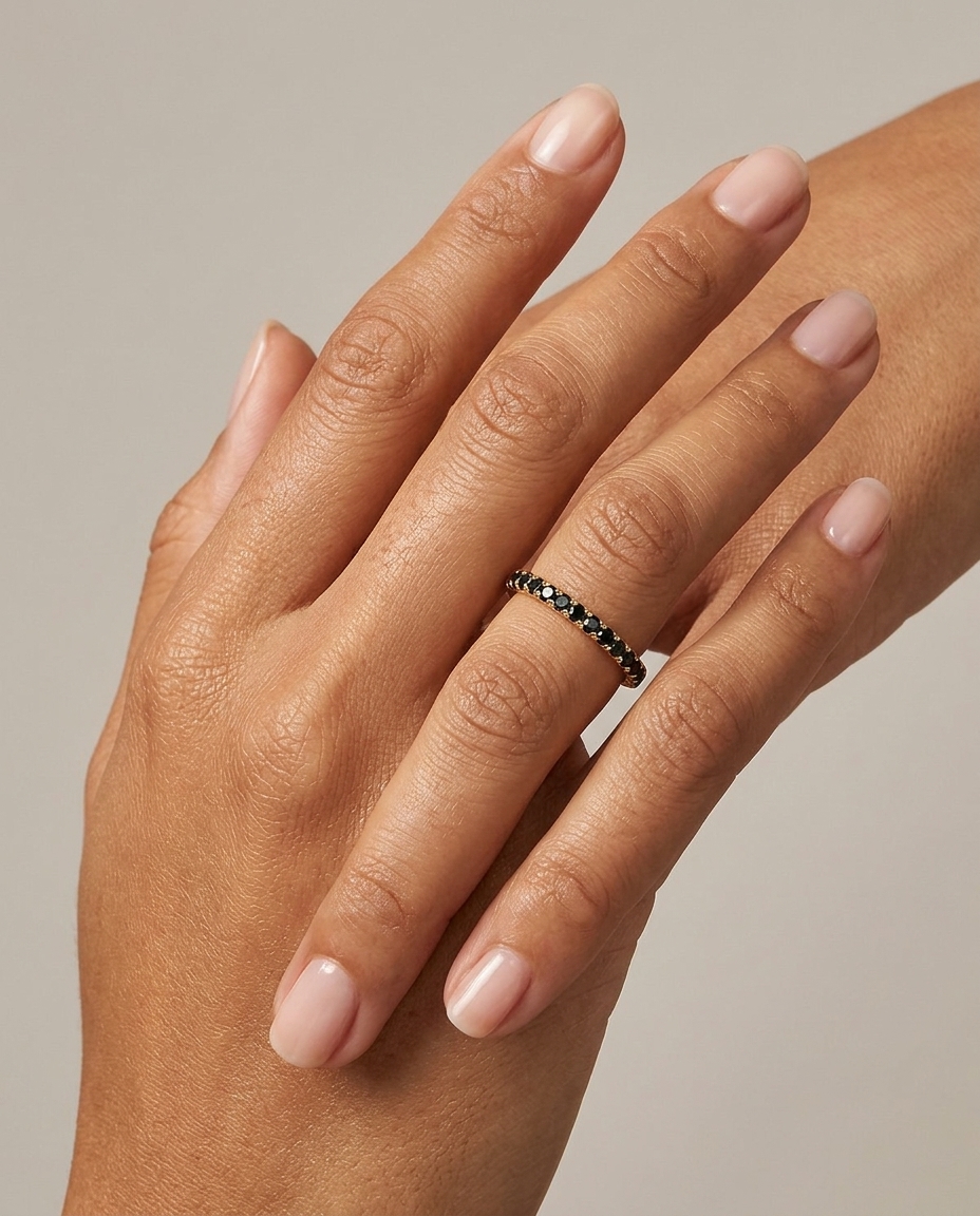 14KT Gold Full Eternity Black Diamond Thin Ring Band on model