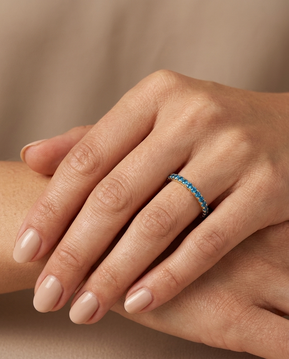 14KT Gold Full Eternity Blue Diamond Thin Ring Band on model