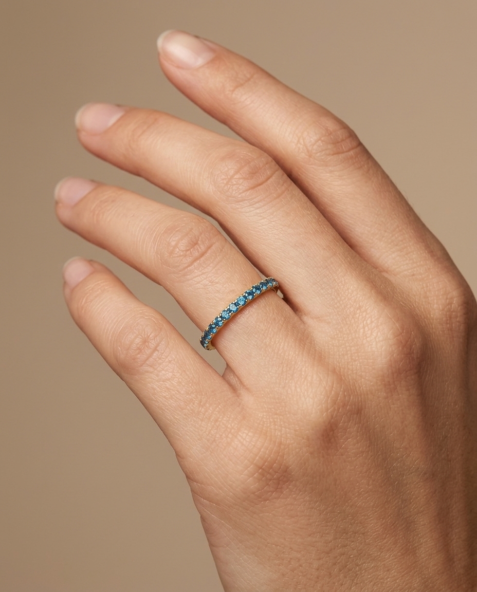 14KT Gold Full Eternity Blue Diamond Thin Ring Band on model