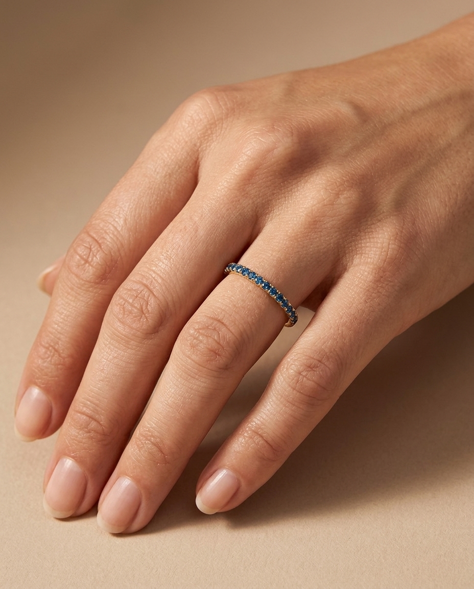 14KT Gold Full Eternity Blue Diamond Thin Ring Band view 2
