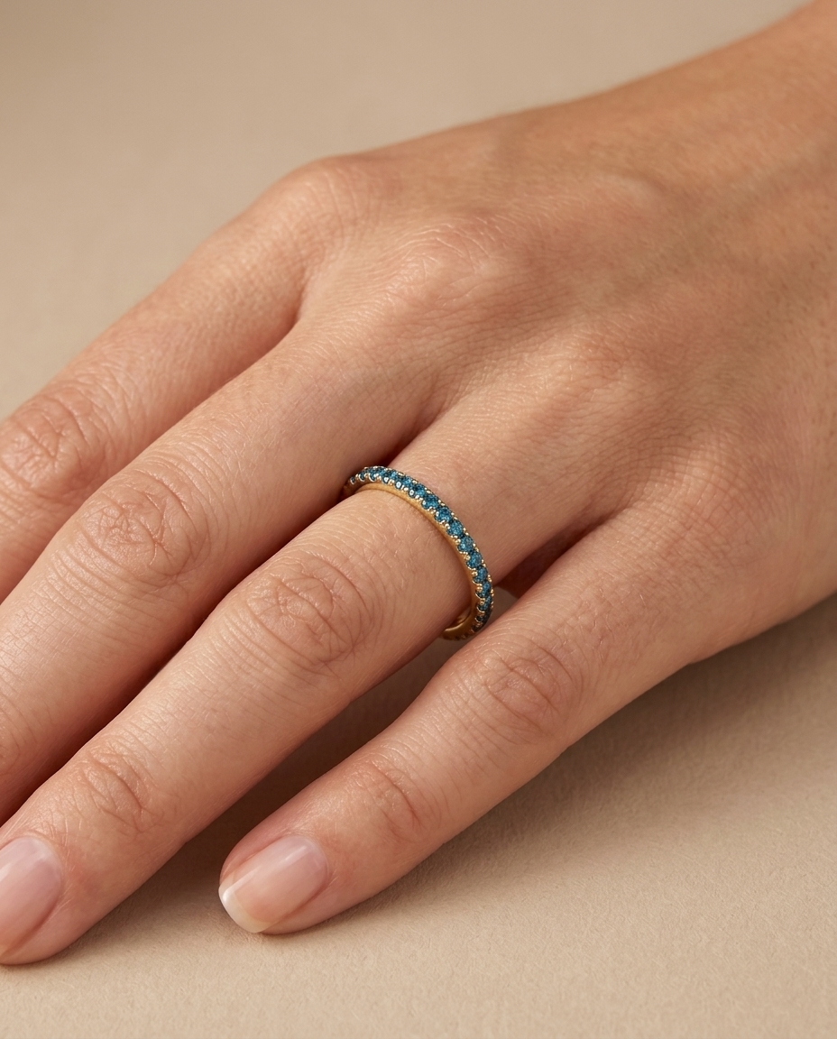 14KT Gold Full Eternity Blue Diamond Thin Ring Band view 2