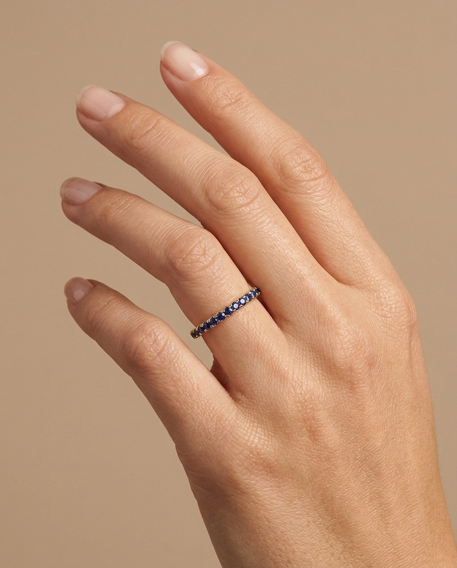 14KT Gold Full Eternity Blue Sapphire Thin Ring Band on model