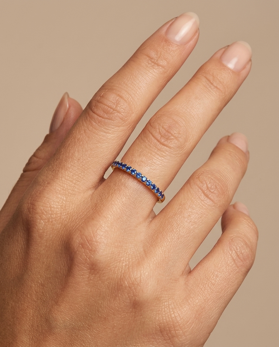 14KT Gold Full Eternity Blue Sapphire Thin Ring Band view 2