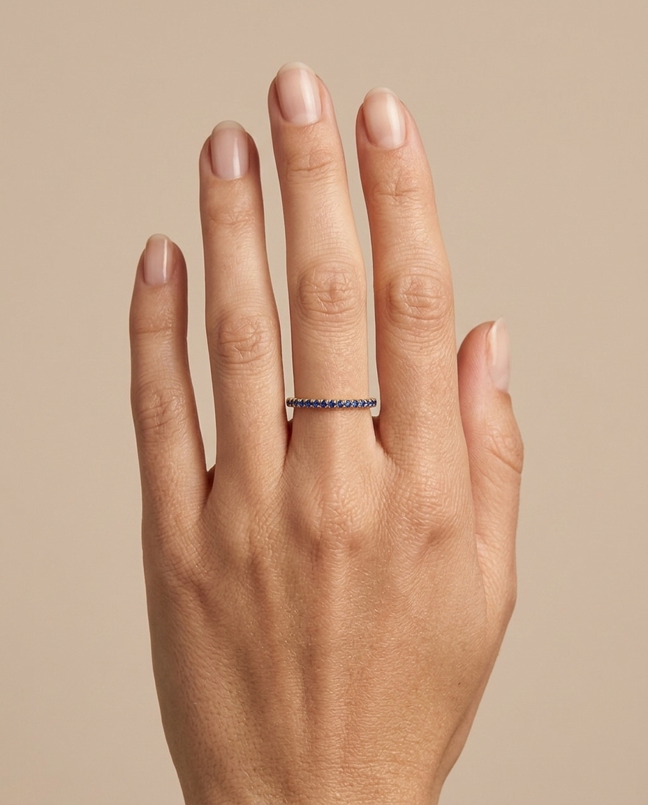 14KT Gold Full Eternity Blue Sapphire Thin Ring Band view 2