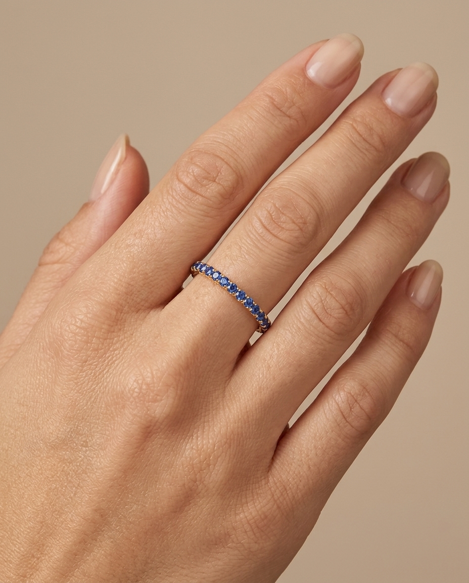 14KT Gold Full Eternity Blue Sapphire Thin Ring Band view 2