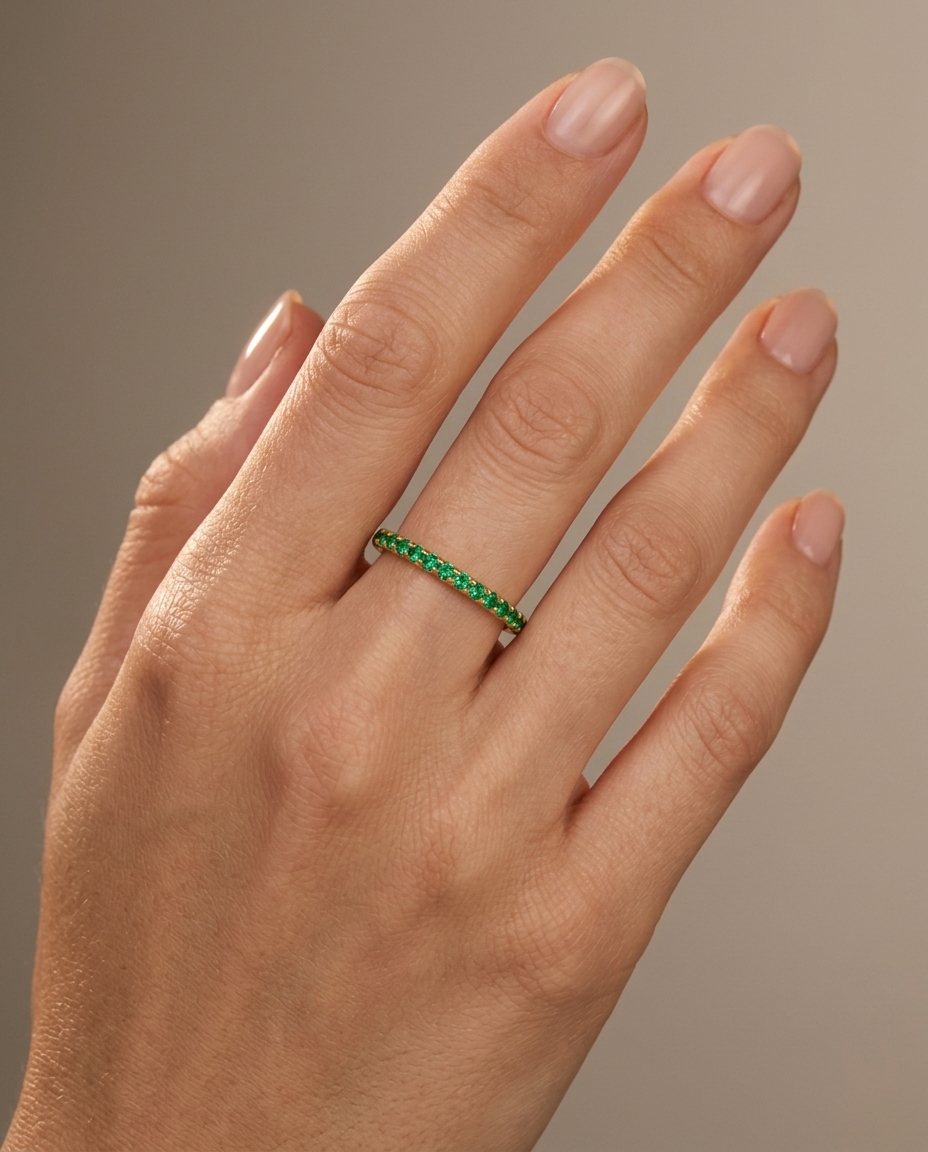 14KT Gold Full Eternity Emerald Thin Ring Band on model
