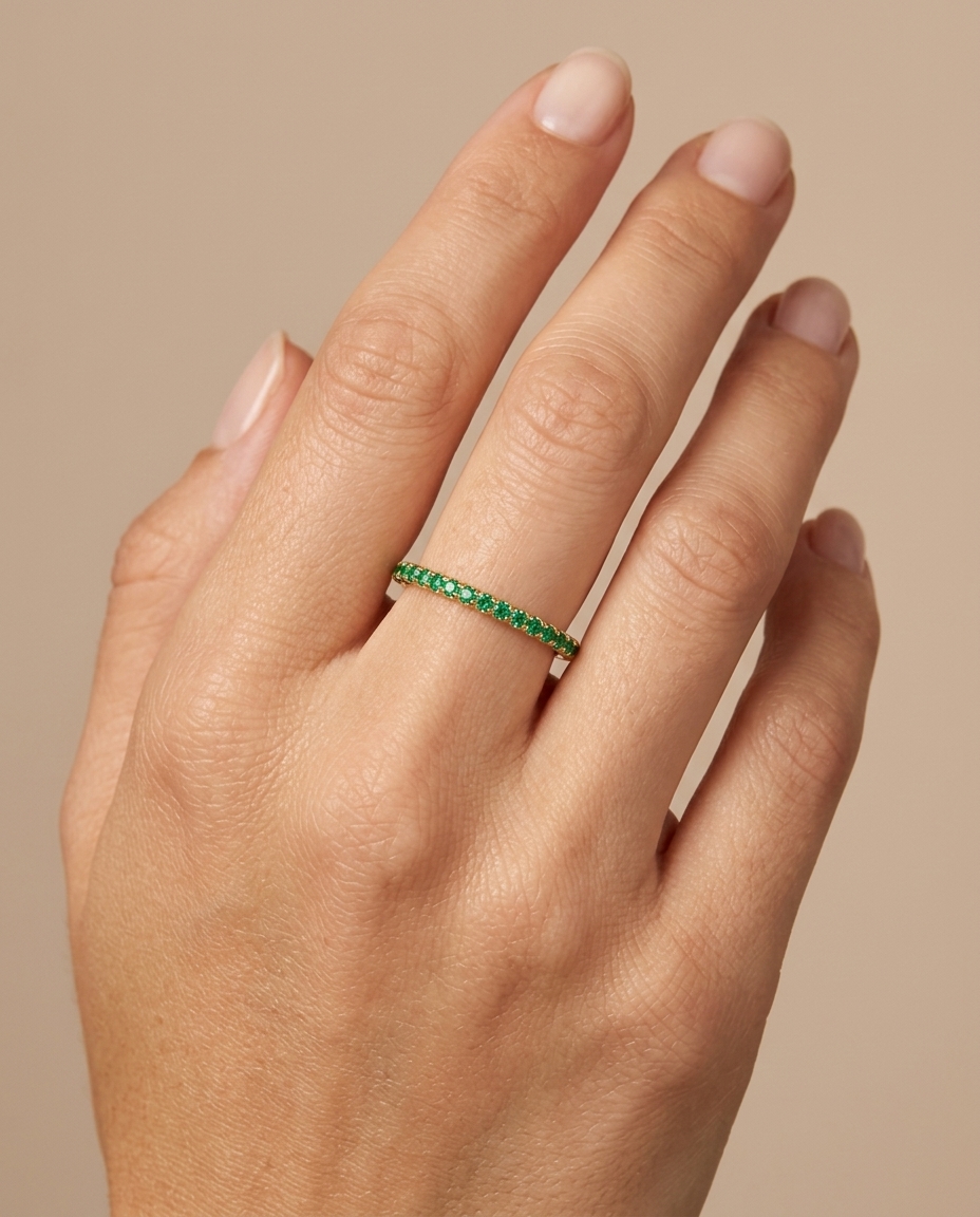 14KT Gold Full Eternity Emerald Thin Ring Band on model