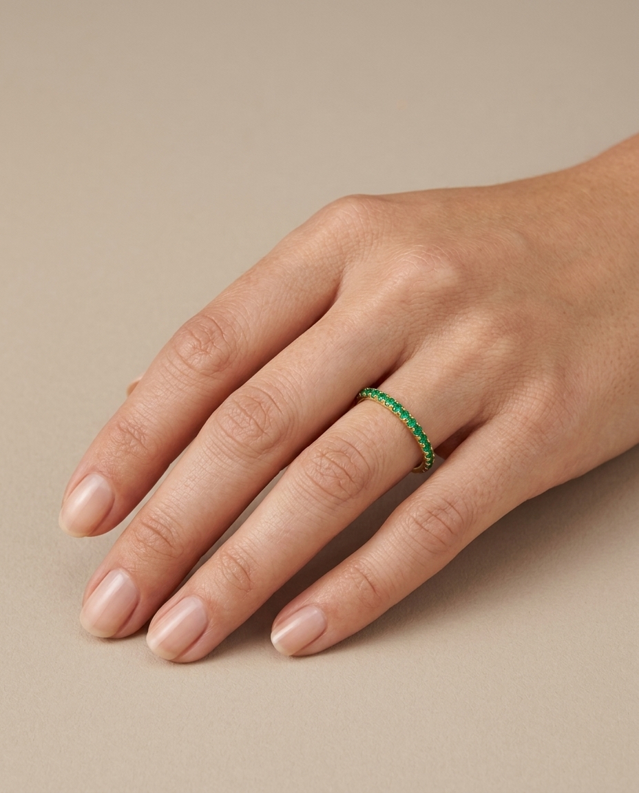 14KT Gold Full Eternity Emerald Thin Ring Band on model
