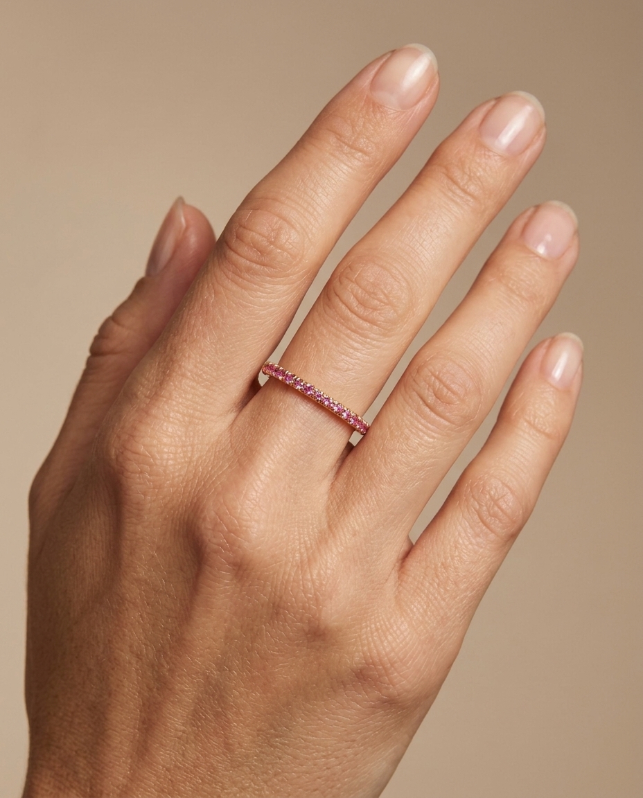 14KT Gold Full Eternity Pink Sapphire Thin Ring Band view 2