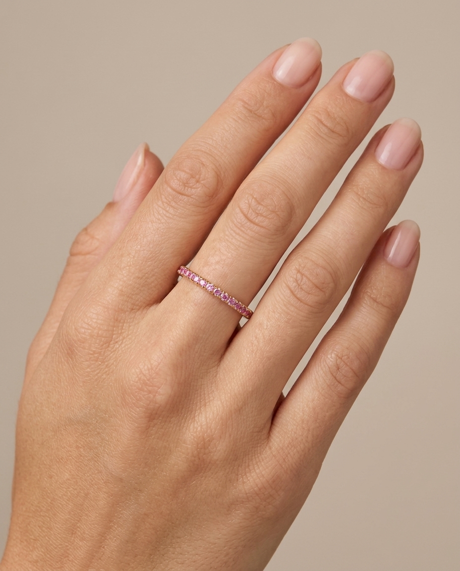 14KT Gold Full Eternity Pink Sapphire Thin Ring Band on model