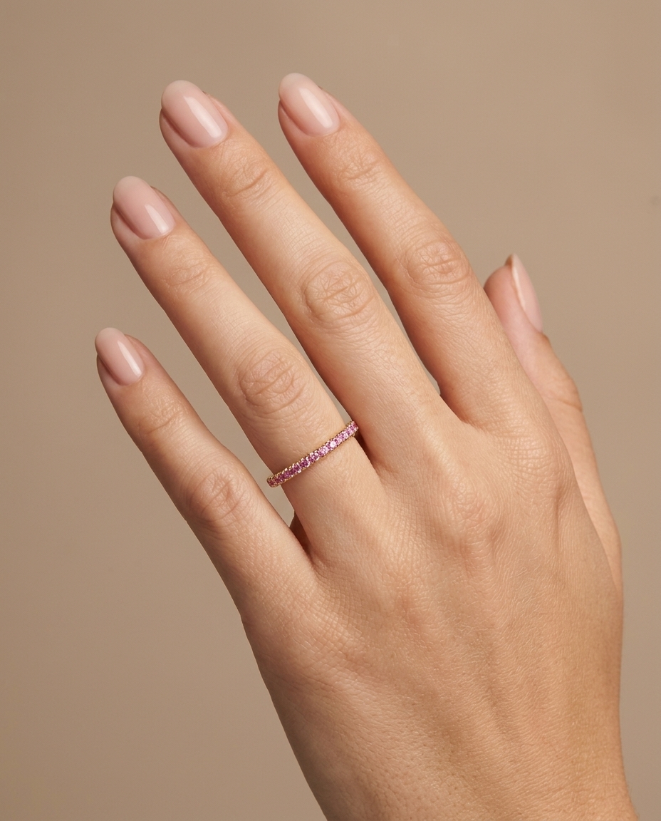 14KT Gold Full Eternity Pink Sapphire Thin Ring Band on model