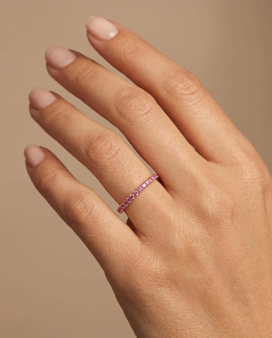 14KT Gold Full Eternity Pink Sapphire Thin Ring Band view 2