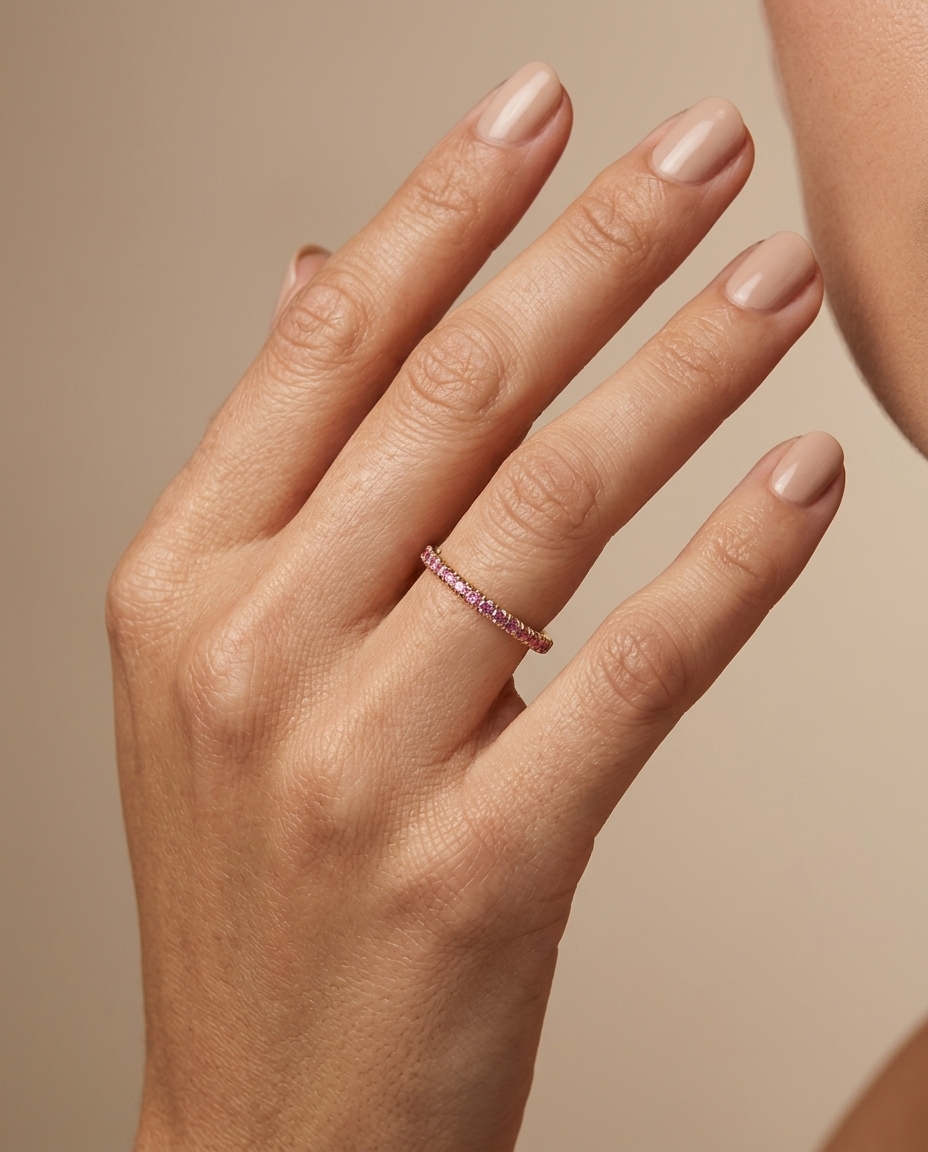 14KT Gold Full Eternity Pink Sapphire Thin Ring Band on model