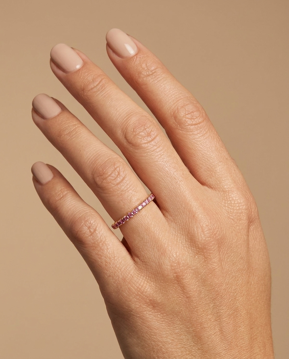 14KT Gold Full Eternity Pink Sapphire Thin Ring Band on model