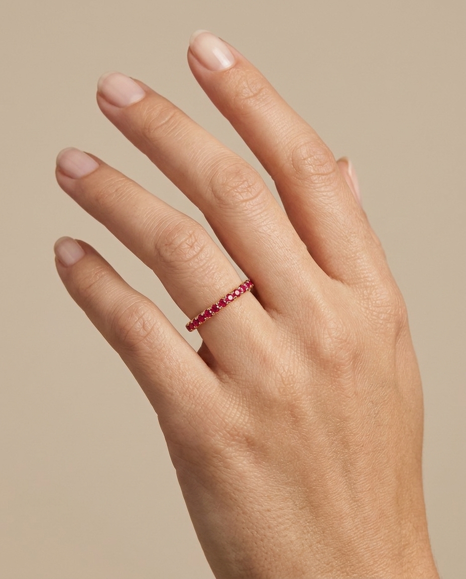 14KT Gold Full Eternity Ruby Thin Ring Band view 2