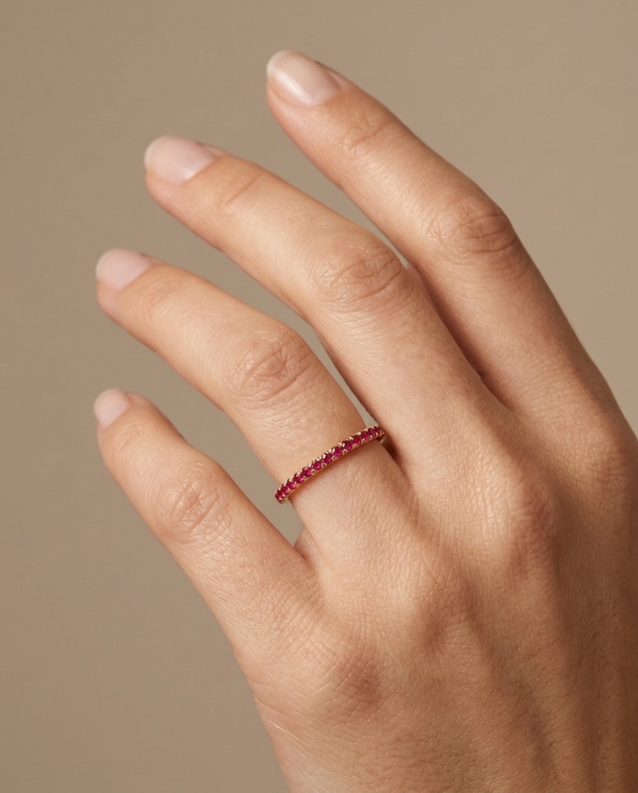 14KT Gold Full Eternity Ruby Thin Ring Band on model