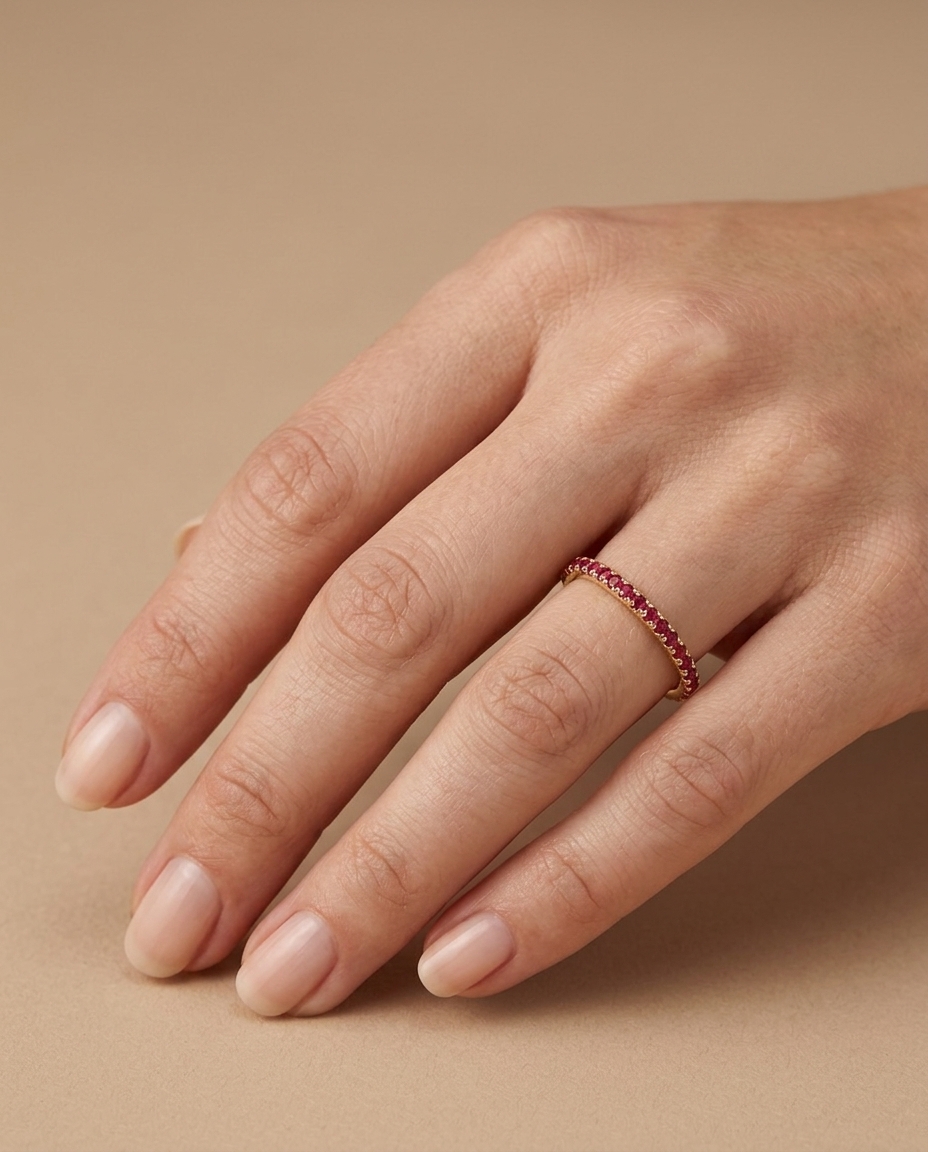 14KT Gold Full Eternity Ruby Thin Ring Band on model