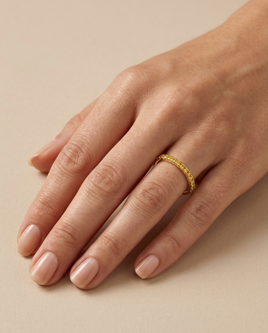 14KT Gold Full Eternity Yellow Diamond Thin Ring Band on model