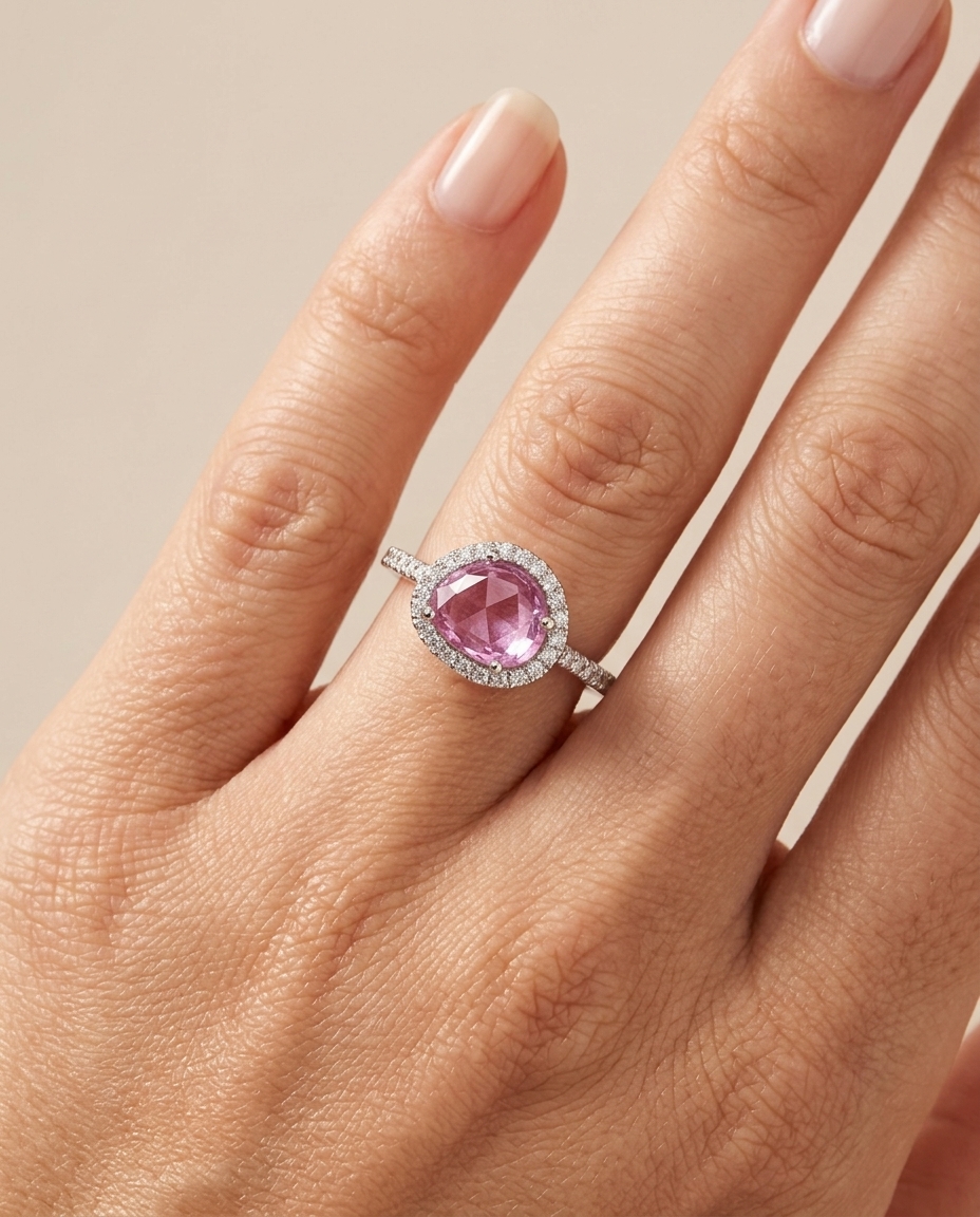 14KT White Gold Pink Sapphire Ring with Diamonds on model