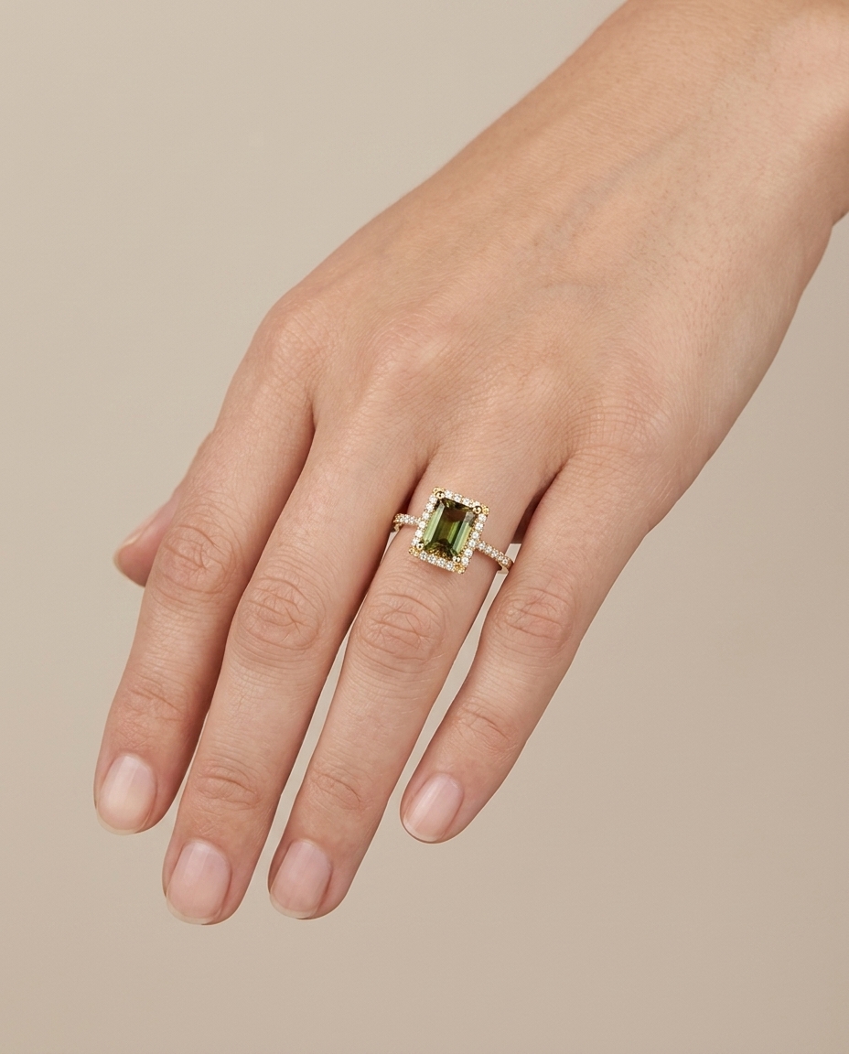 14KT Yellow Gold Tourmaline and Diamonds Ring on model