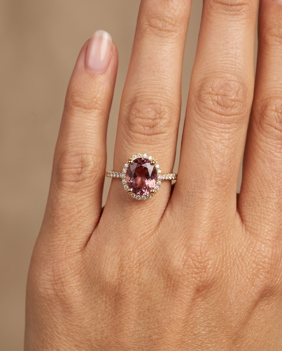 14KT Yellow Gold Pink Tourmaline and Diamonds Ring on model