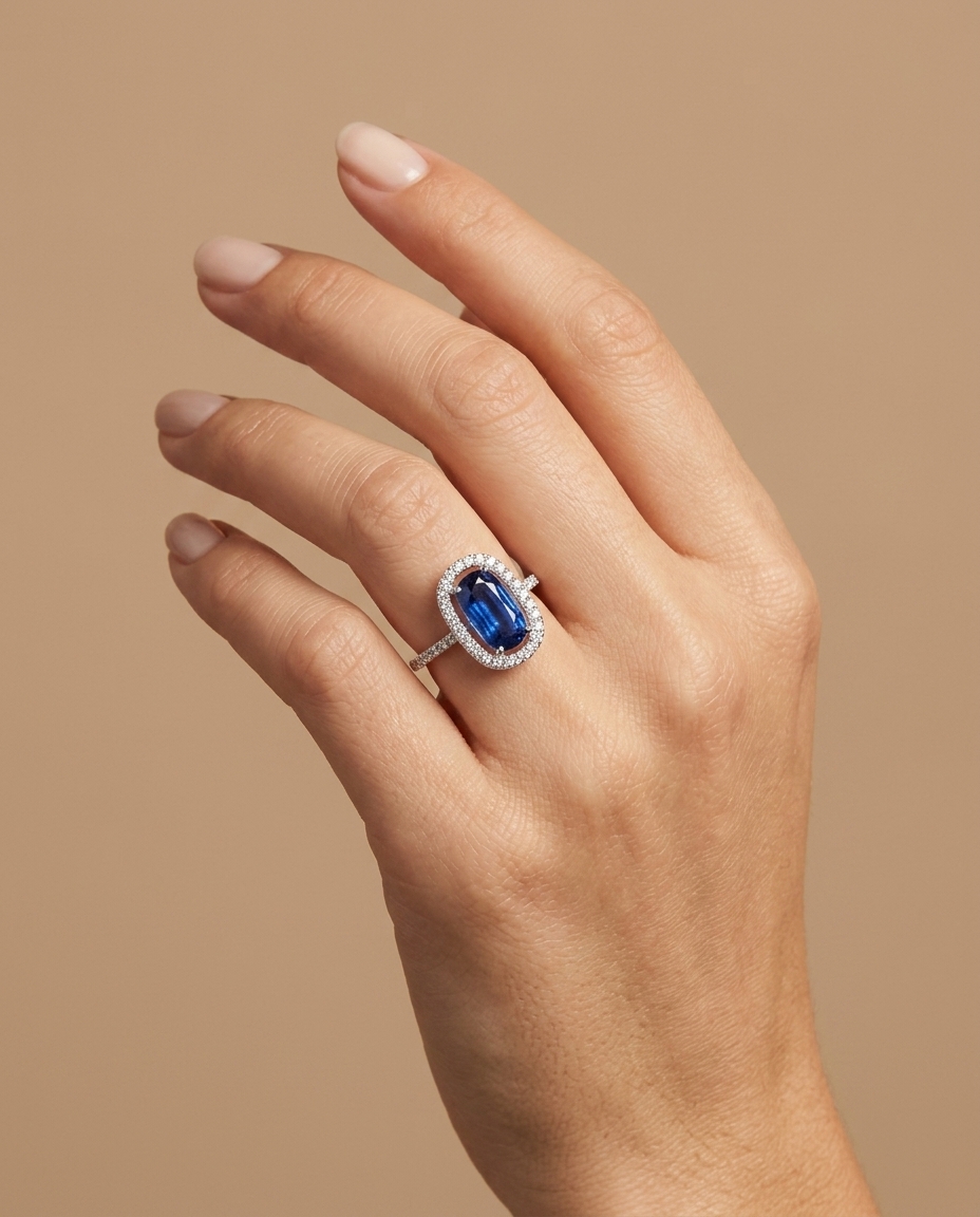 14KT White Gold Kyanite and Diamonds Ring on model