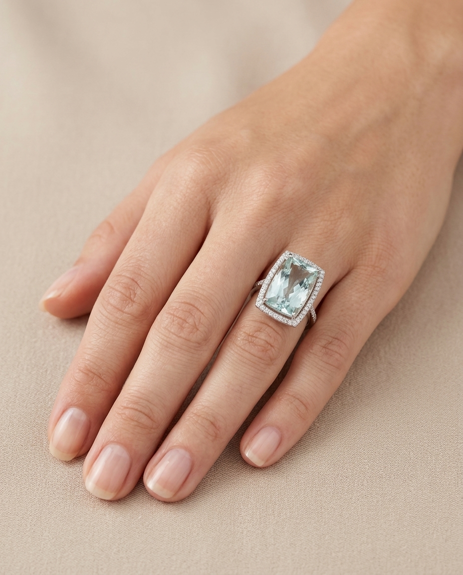 14KT White Gold Aquamarine and Diamonds Ring on model