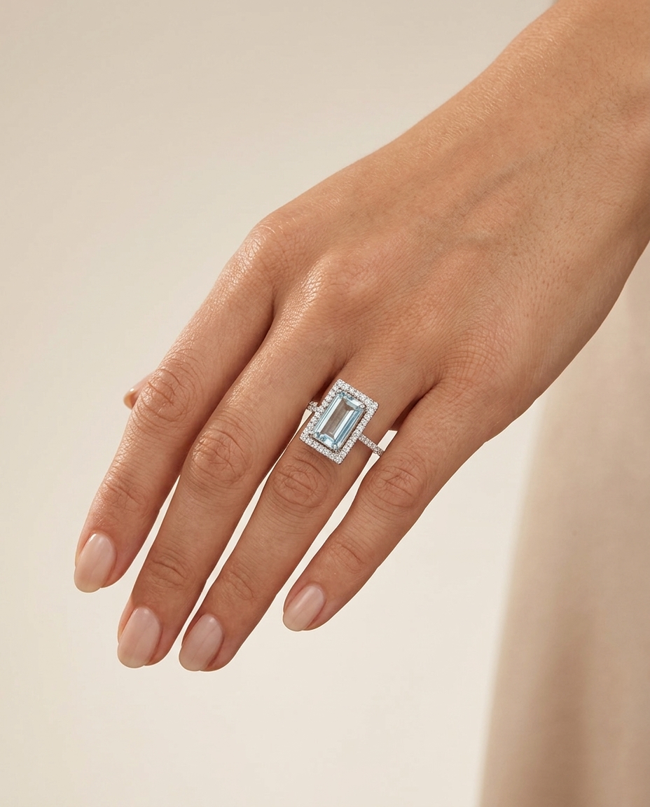 14KT White Gold Aquamarine and Diamonds Ring on model