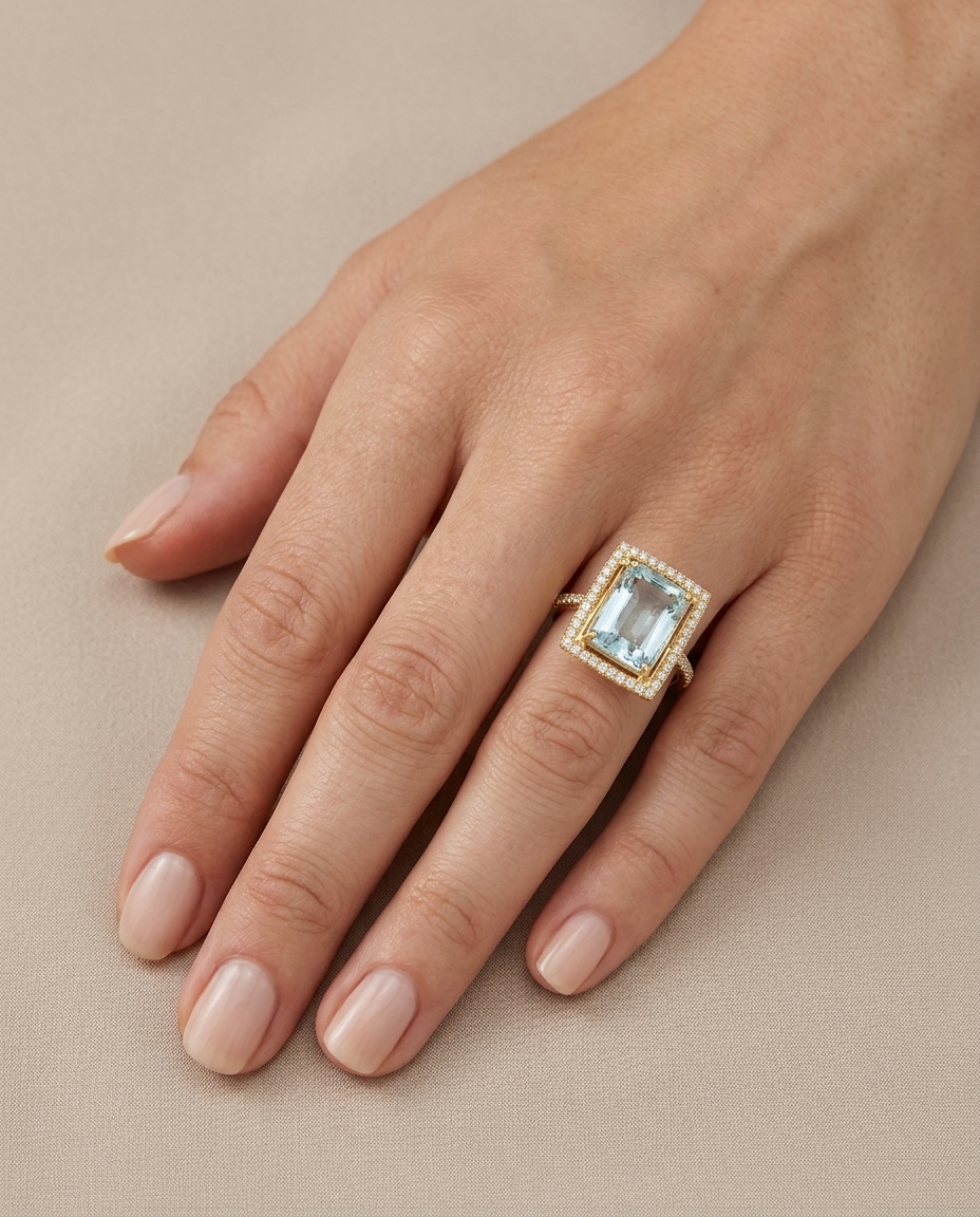 14KT Yellow Gold Aquamarine and Diamonds Ring view 2