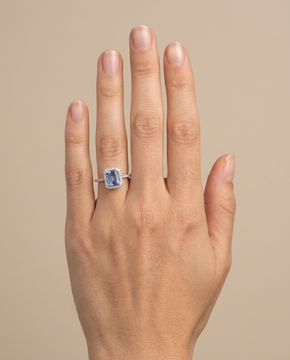 14KT White Gold Tanzanite Emerald Cut Ring with Diamonds view 2