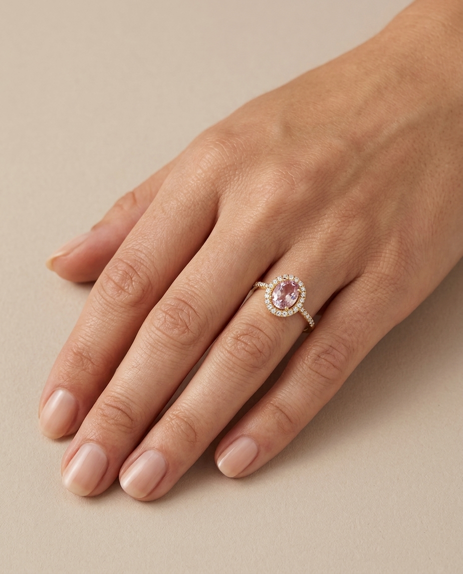 14KT Yellow Gold Pink Sapphire Ring with Diamonds on model