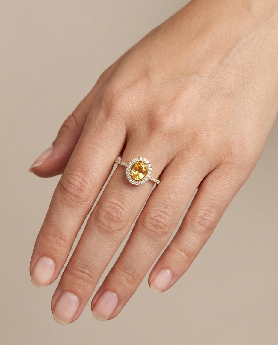 14KT Yellow Gold Imperial Topaz and Diamonds Ring on model