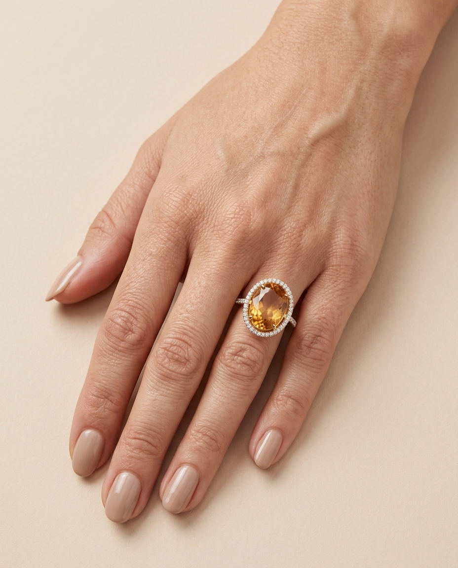14KT Yellow Gold Citrine and Diamonds Ring on model