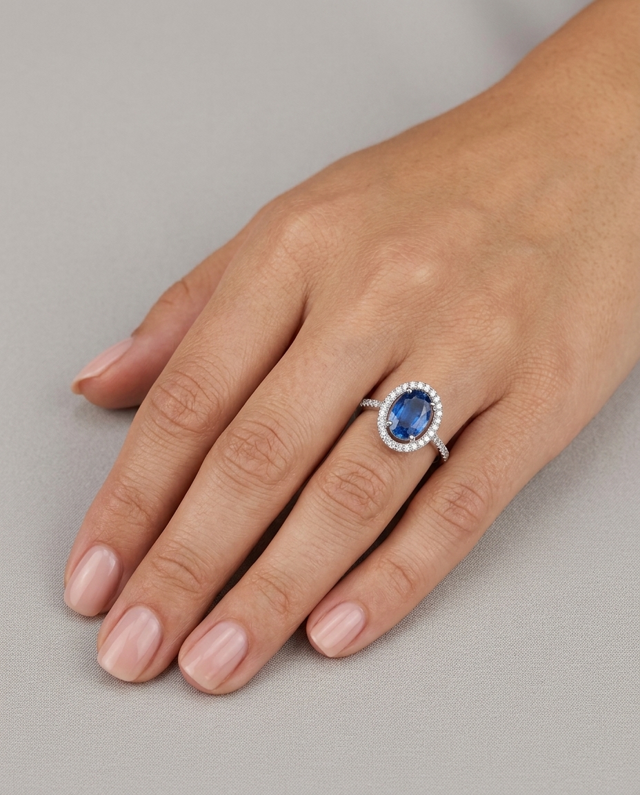 14KT White Gold Kyanite and Diamonds Ring on model