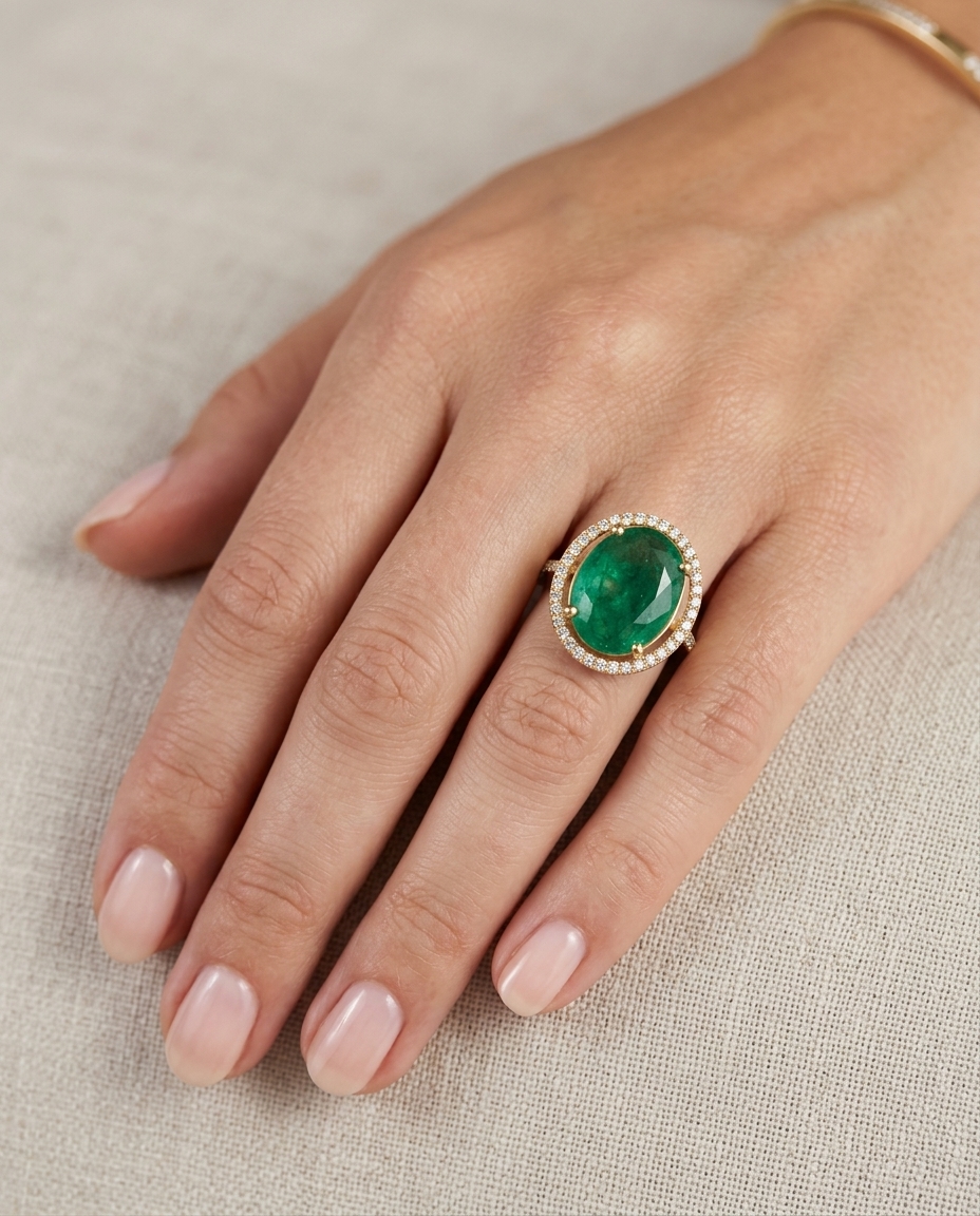 14KT Yellow Gold Emerald and Diamonds Ring view 2