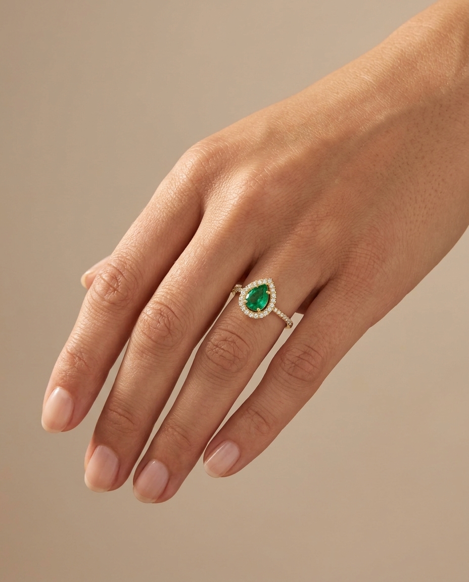 14KT Yellow Gold Emerald and Diamonds Ring on model
