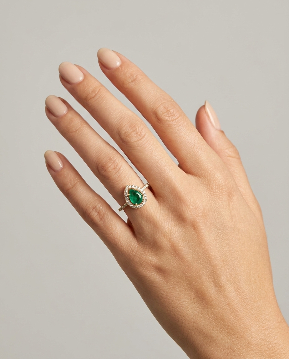 14KT Yellow Gold Emerald and Diamonds Ring on model