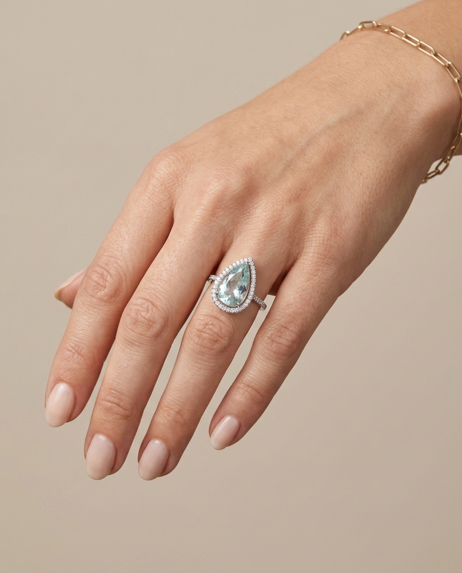 14KT White Gold Aquamarine and Diamonds Ring view 2