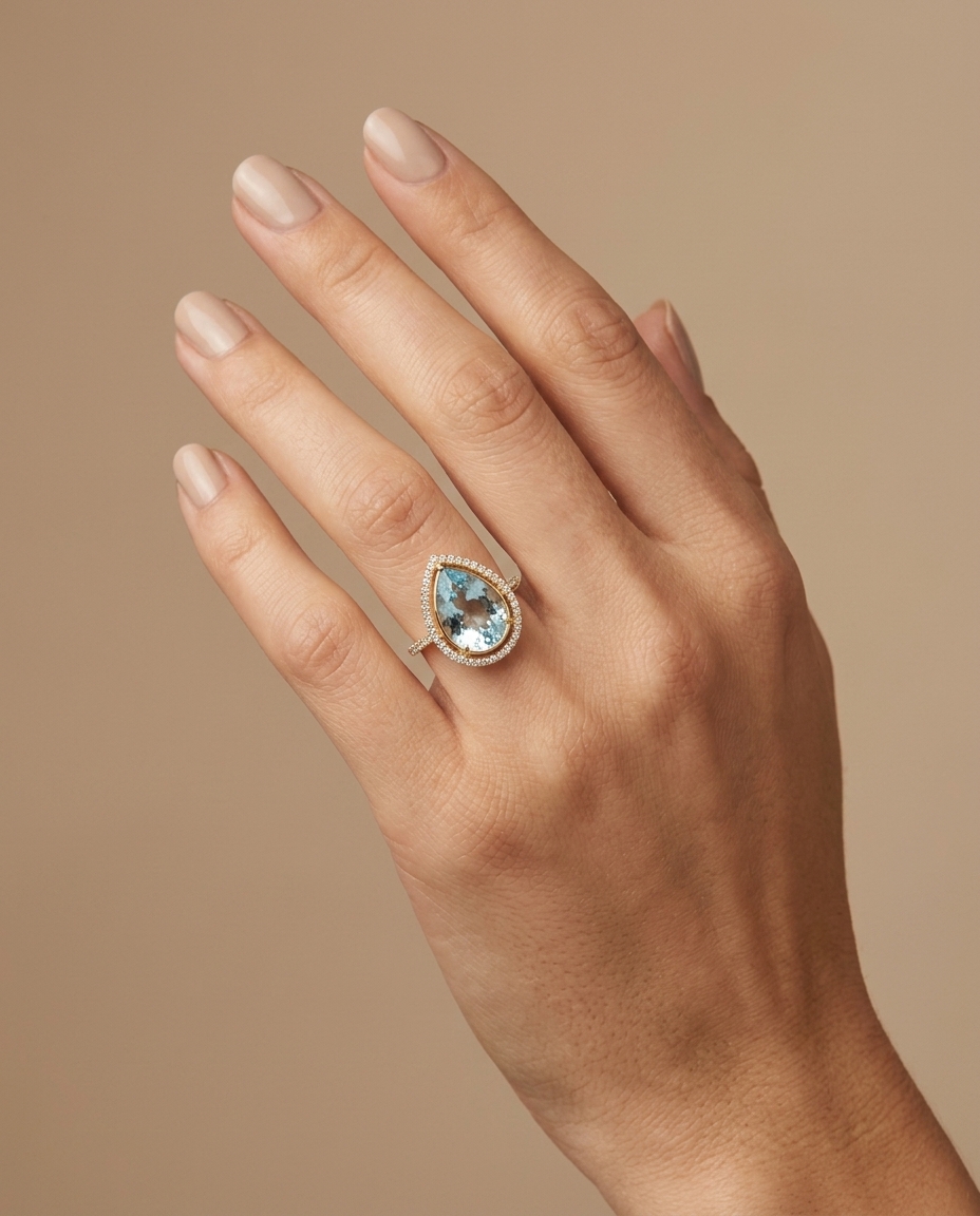 14KT Yellow Gold Aquamarine and Diamonds Ring on model