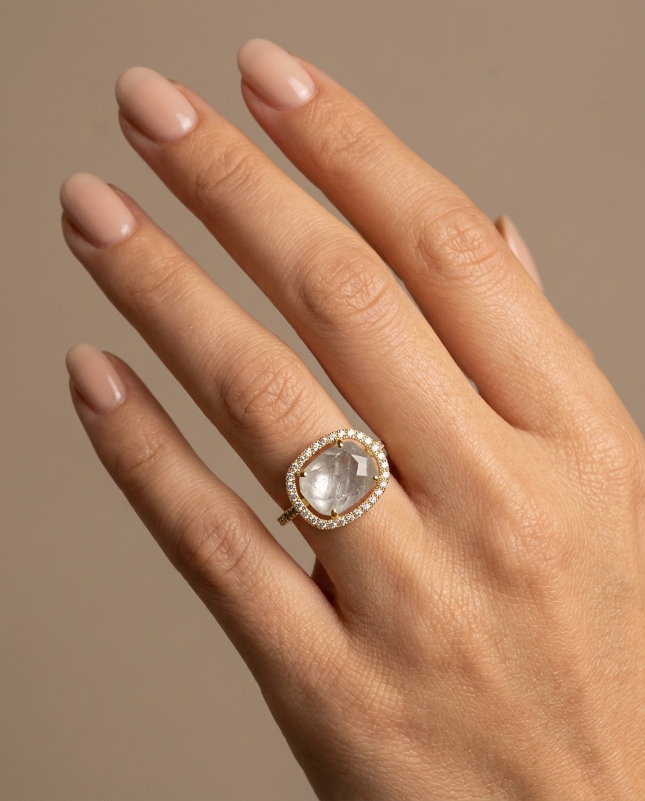 Yellow Gold Rainbow Moon Stone Ring with Diamonds on model