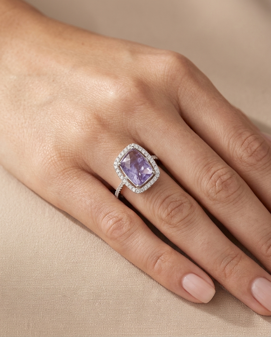 14KT White Gold Tanzanite and Diamonds Ring on model